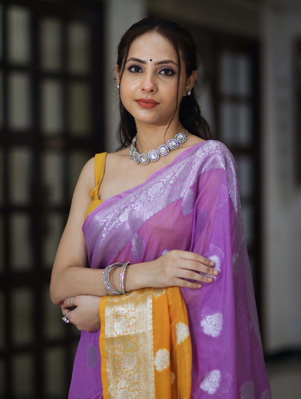Banarasee Handwoven Dual Color Semi-Chiffon Saree With Zari Work-Lavender & Yellow