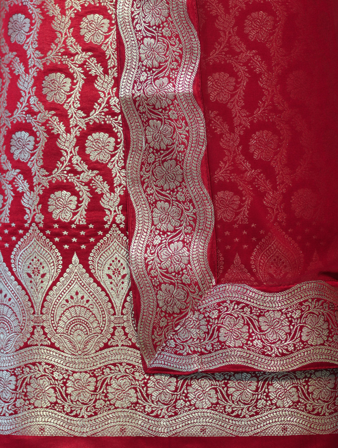 Banarasee Satin Silk Zari Work Salwar Kameez Fabric With Chiffon Dupatta Set-Maroon