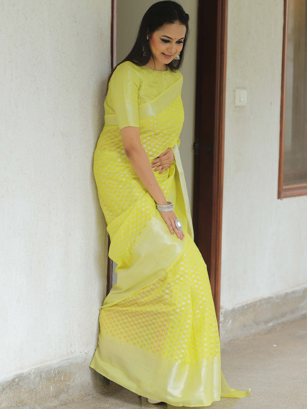 Banarasee Cotton Silk Floral Silver Zari Work Saree-Yellow