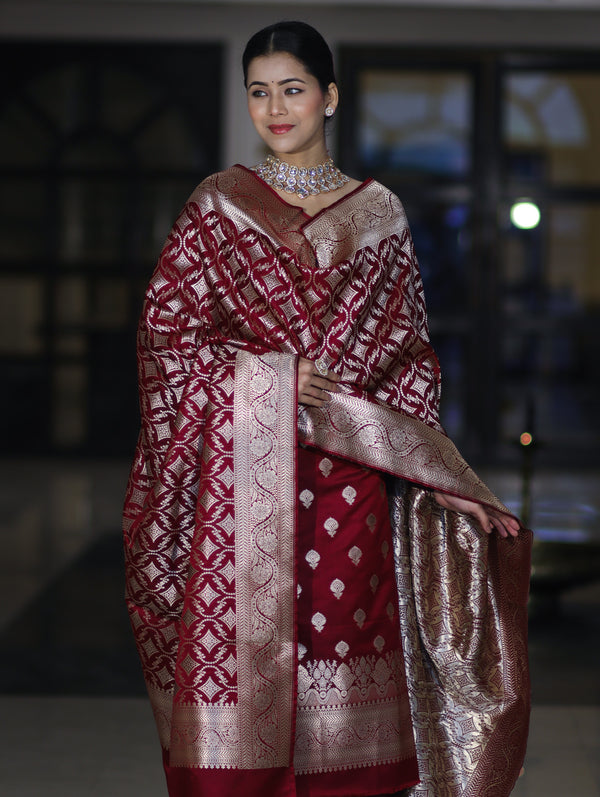 Banarasee Dual Tone Satin Silk Zari Work Salwar Kameez Fabric With Dupatta Set-Deep Maroon