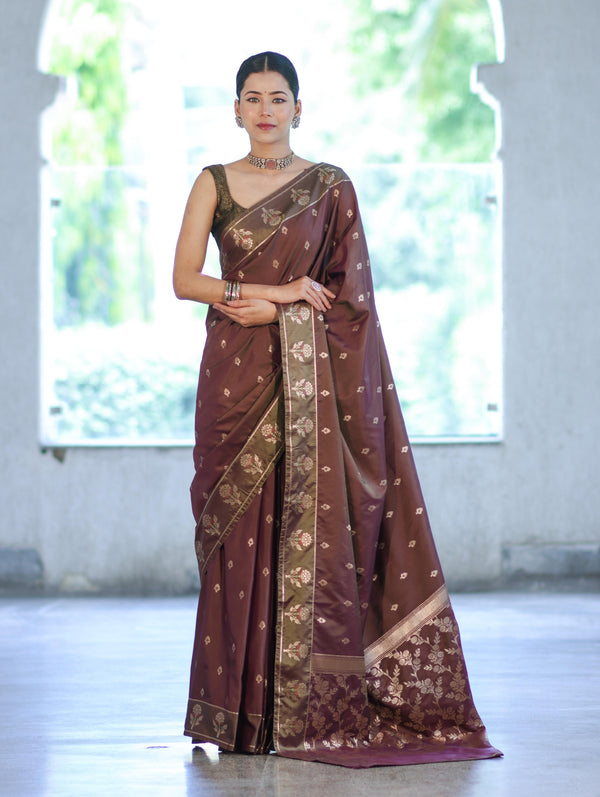 Banarasee Handloom Dual Tone Semi Silk Saree With Zari Buti Design & Border-Burgundy (Green Tone)