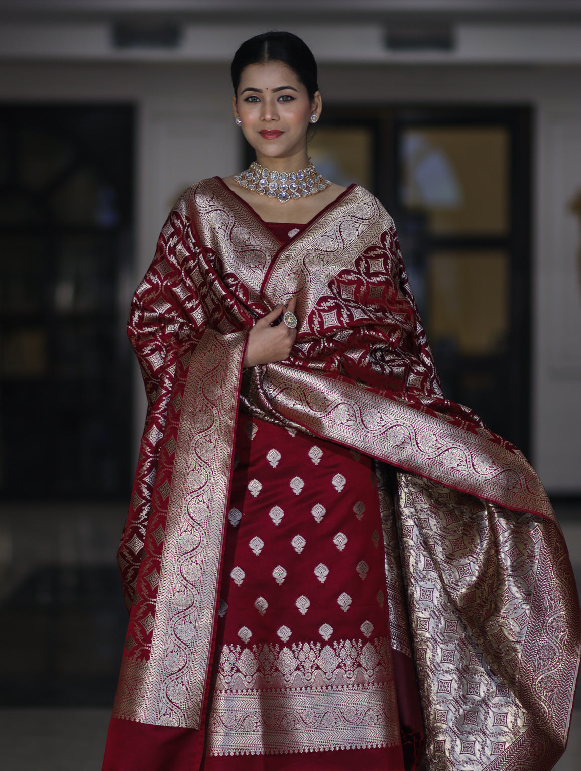 Banarasee Dual Tone Satin Silk Zari Work Salwar Kameez Fabric With Dupatta Set-Deep Maroon