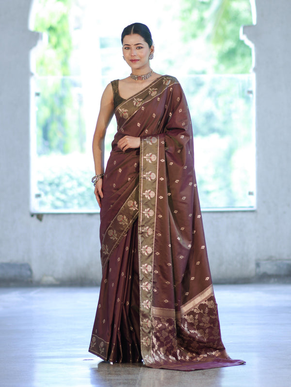 Banarasee Handloom Dual Tone Semi Silk Saree With Zari Buti Design & Border-Burgundy (Green Tone)