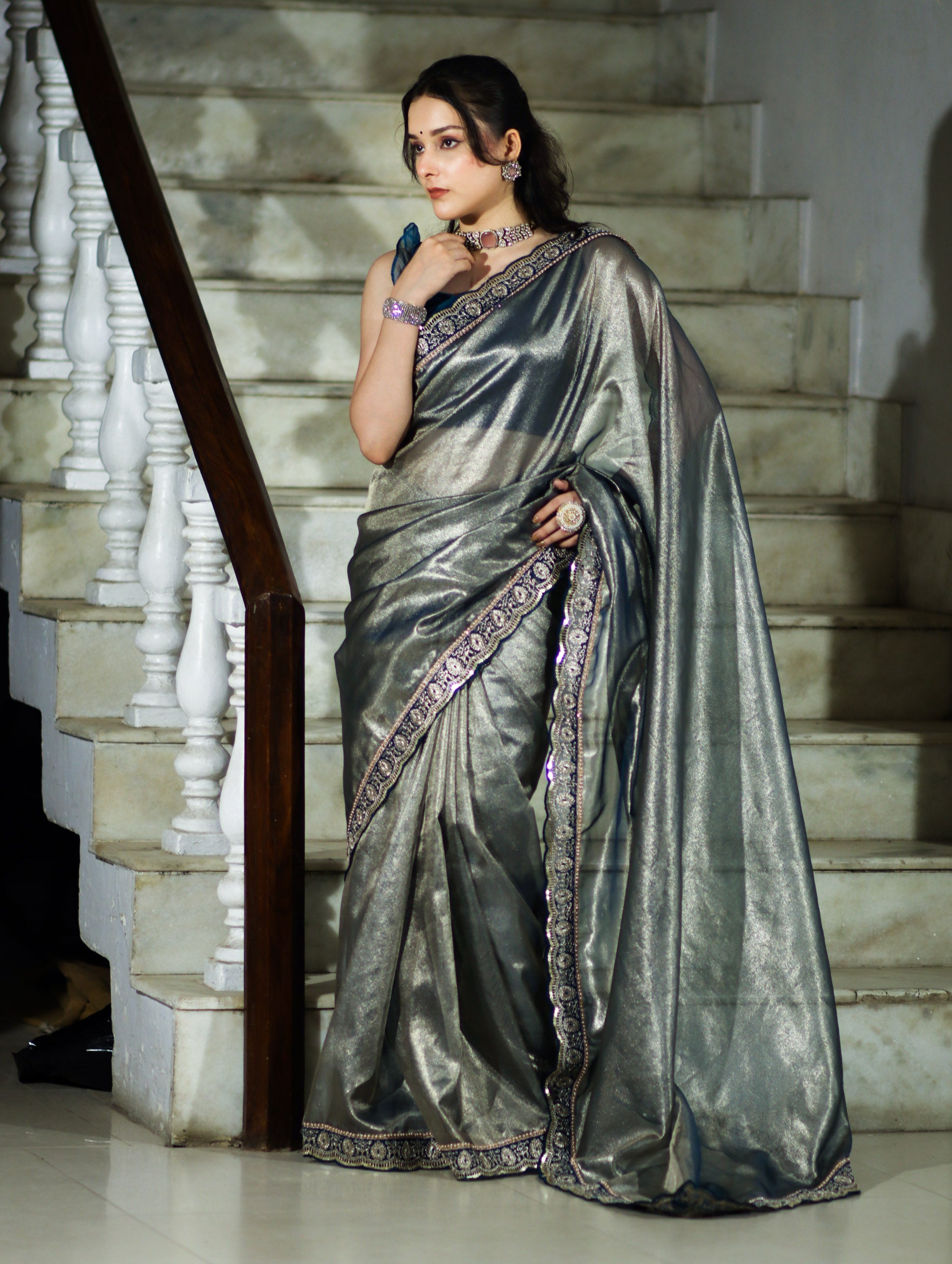 Banarasee Handloom Plain Tissue Saree With Lace Border-Blue