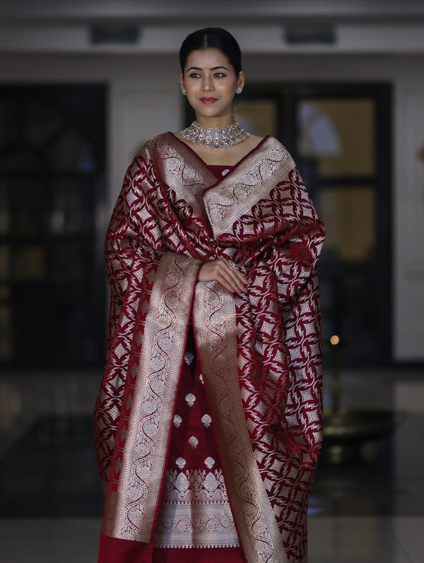 Banarasee Dual Tone Satin Silk Zari Work Salwar Kameez Fabric With Dupatta Set-Deep Maroon