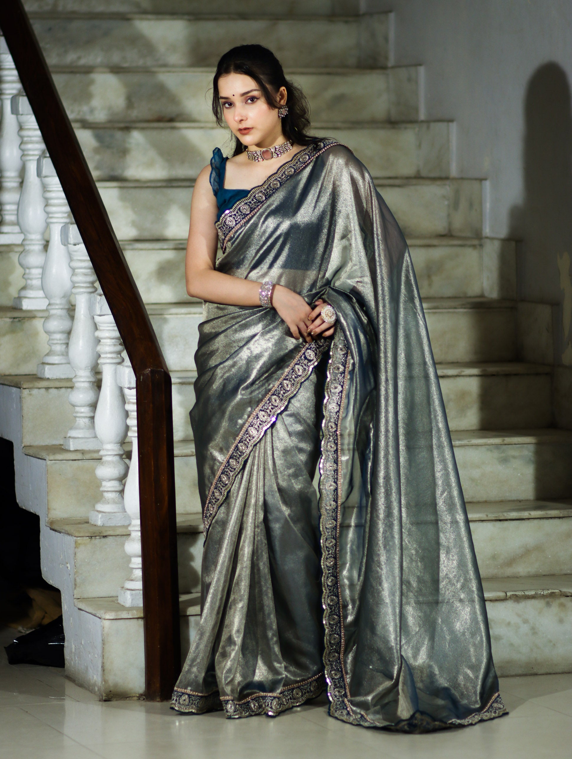 Banarasee Handloom Plain Tissue Saree With Lace Border-Blue