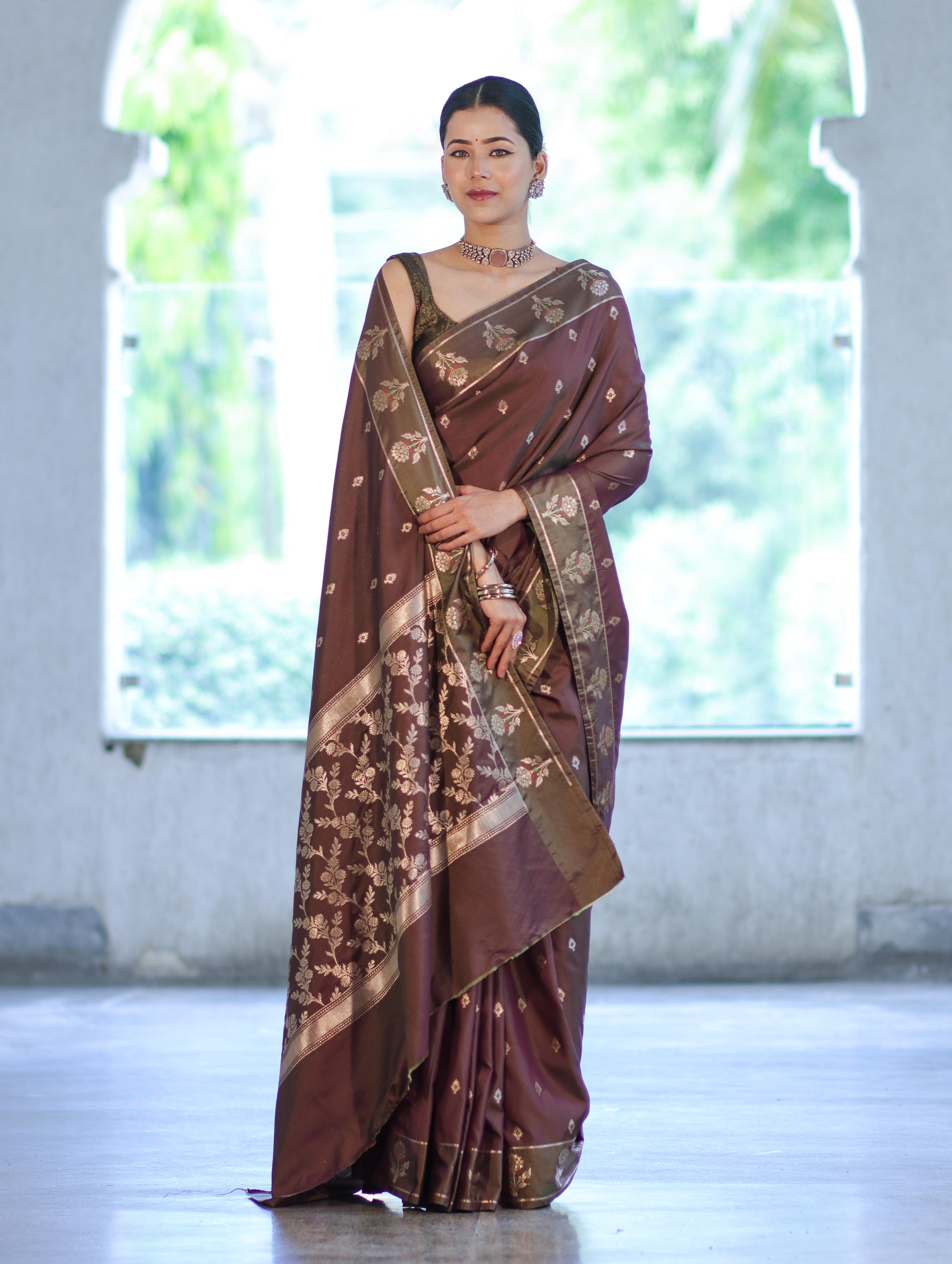 Banarasee Handloom Dual Tone Semi Silk Saree With Zari Buti Design & Border-Burgundy (Green Tone)