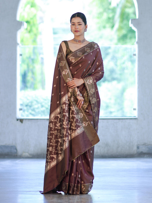 Banarasee Handloom Dual Tone Semi Silk Saree With Zari Buti Design & Border-Burgundy (Green Tone)