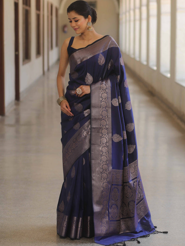 Banarasee Handwoven Semi Silk Saree With Zari Buti Design-Blue