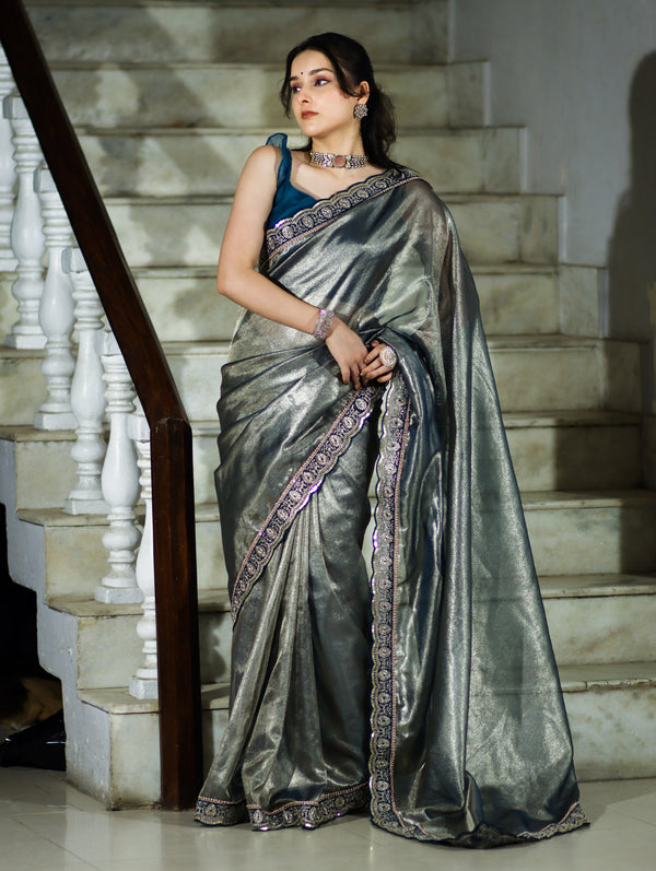 Banarasee Handloom Plain Tissue Saree With Lace Border-Blue
