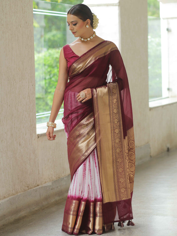 Banarasee Handwoven Semi Silk Saree With Shibori Work-Maroon & White