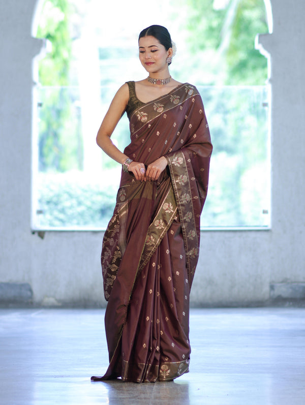 Banarasee Handloom Dual Tone Semi Silk Saree With Zari Buti Design & Border-Burgundy (Green Tone)