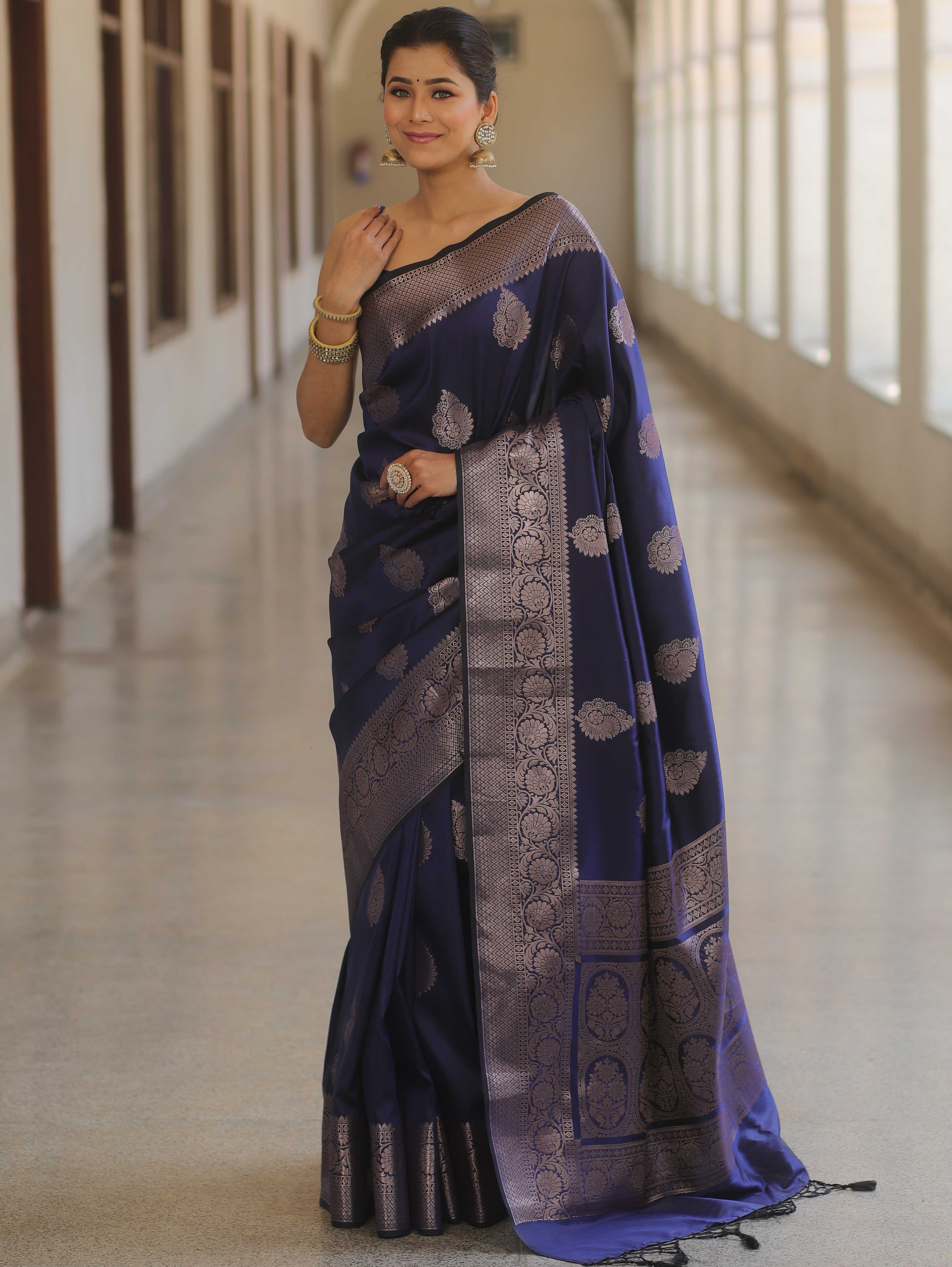 Banarasee Handwoven Semi Silk Saree With Zari Buti Design-Blue