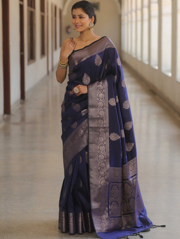 Banarasee Handwoven Semi Silk Saree With Zari Buti Design-Blue
