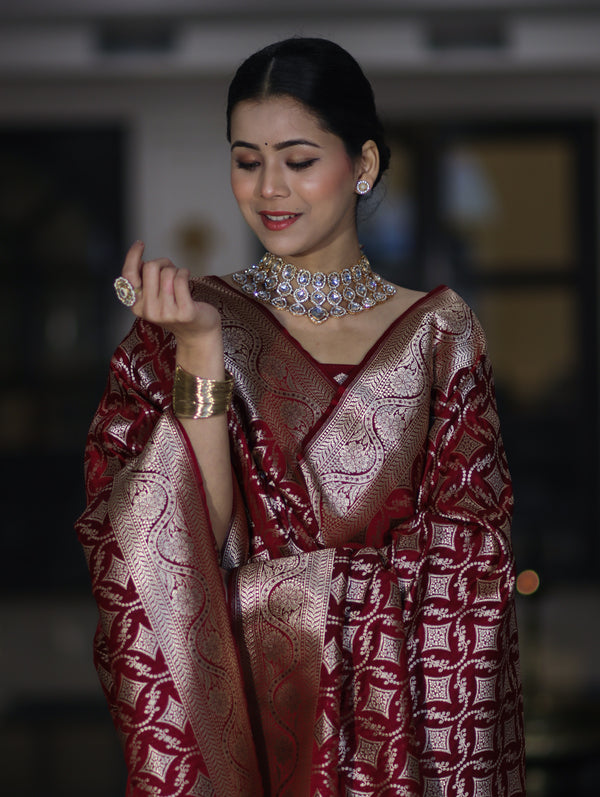 Banarasee Dual Tone Satin Silk Zari Work Salwar Kameez Fabric With Dupatta Set-Deep Maroon