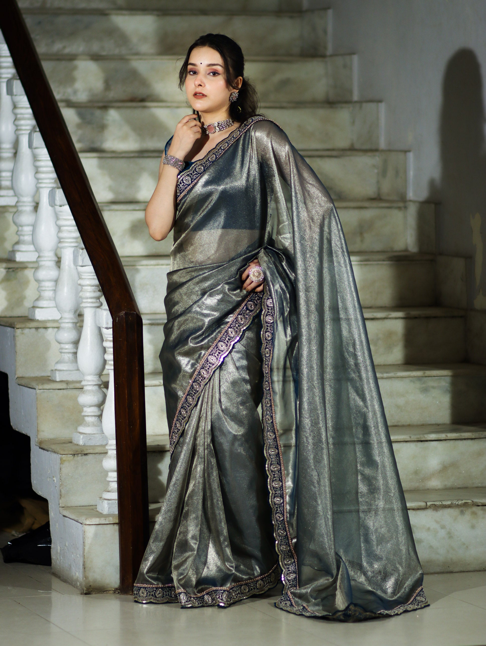 Banarasee Handloom Plain Tissue Saree With Lace Border-Blue
