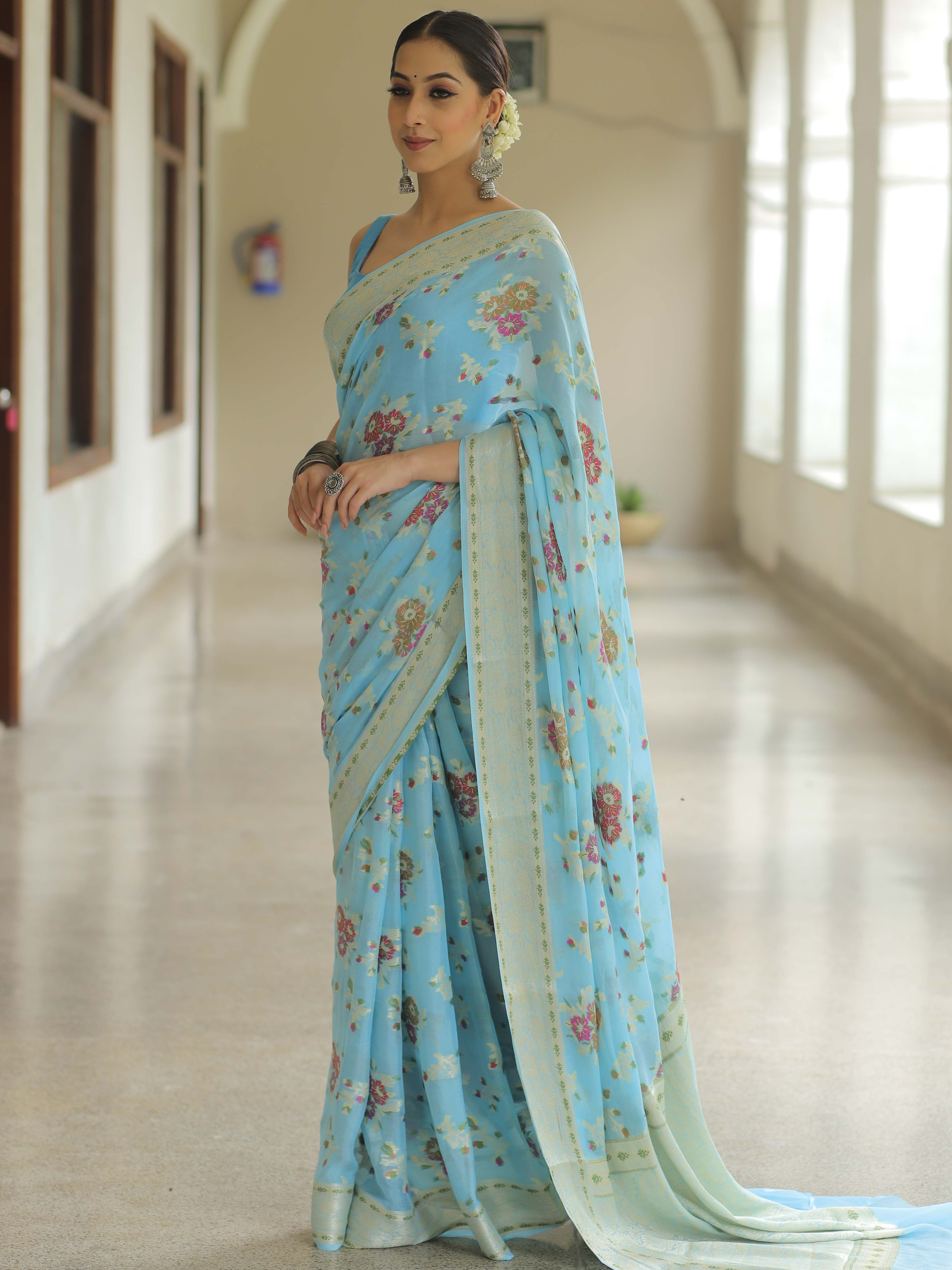 Banarasee Pure Chiffon Silk Saree With Resham Jaal-Powder Blue