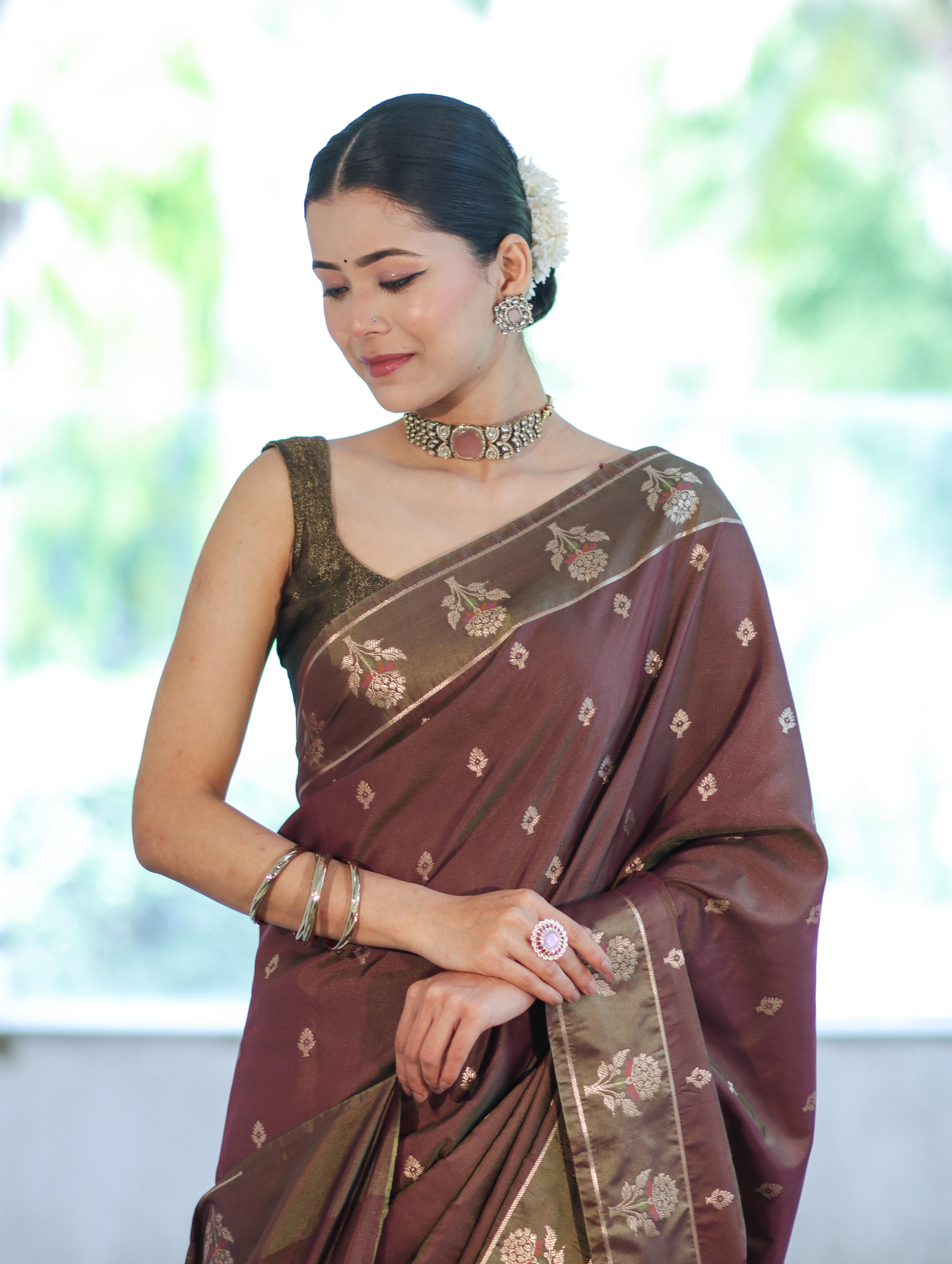 Banarasee Handloom Dual Tone Semi Silk Saree With Zari Buti Design & Border-Burgundy (Green Tone)