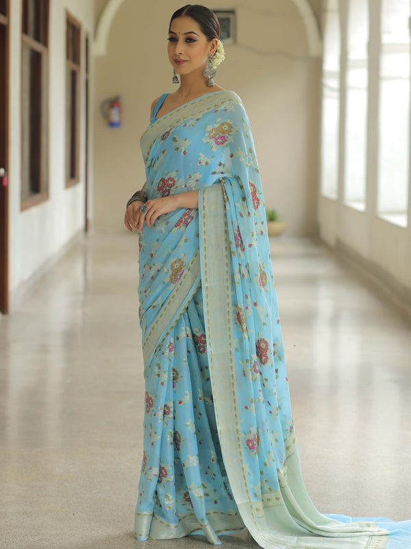 Banarasee Pure Chiffon Silk Saree With Resham Jaal-Powder Blue