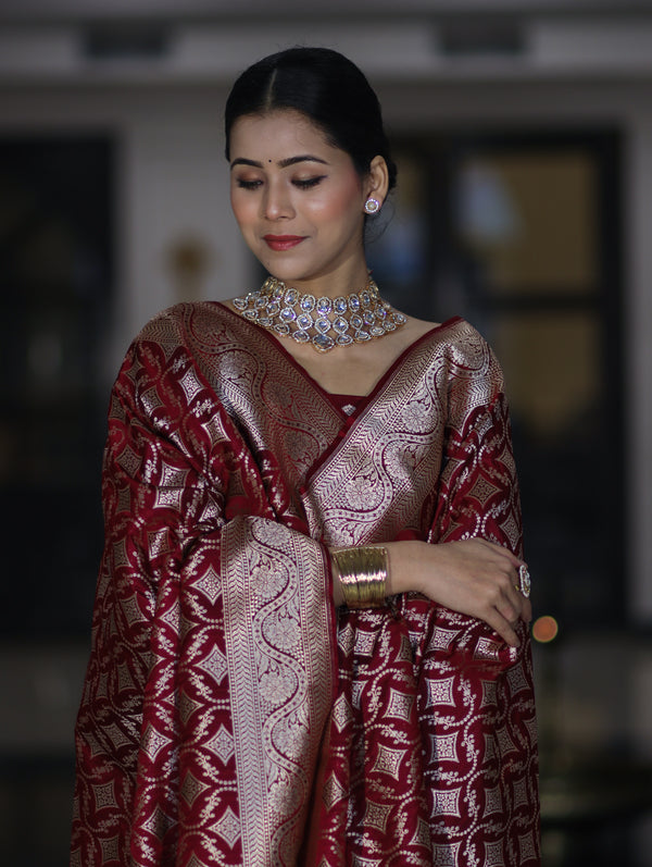 Banarasee Dual Tone Satin Silk Zari Work Salwar Kameez Fabric With Dupatta Set-Deep Maroon