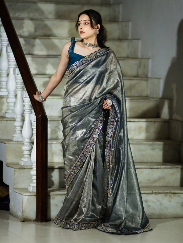 Banarasee Handloom Plain Tissue Saree With Lace Border-Blue