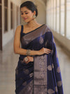 Banarasee Handwoven Semi Silk Saree With Zari Buti Design-Blue
