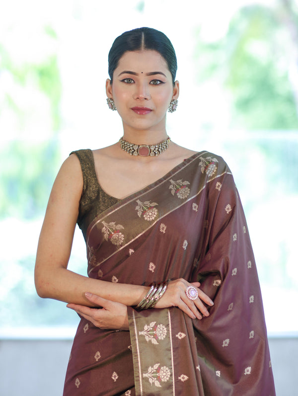 Banarasee Handloom Dual Tone Semi Silk Saree With Zari Buti Design & Border-Burgundy (Green Tone)