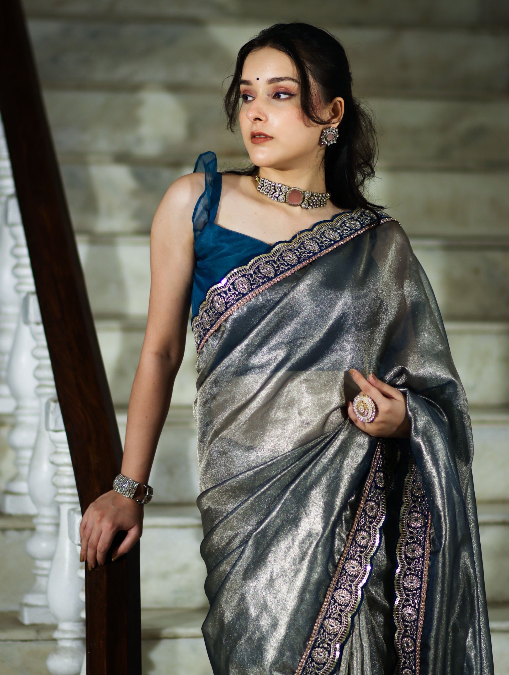 Banarasee Handloom Plain Tissue Saree With Lace Border-Blue