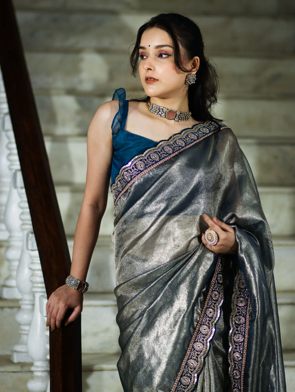 Banarasee Handloom Plain Tissue Saree With Lace Border-Blue