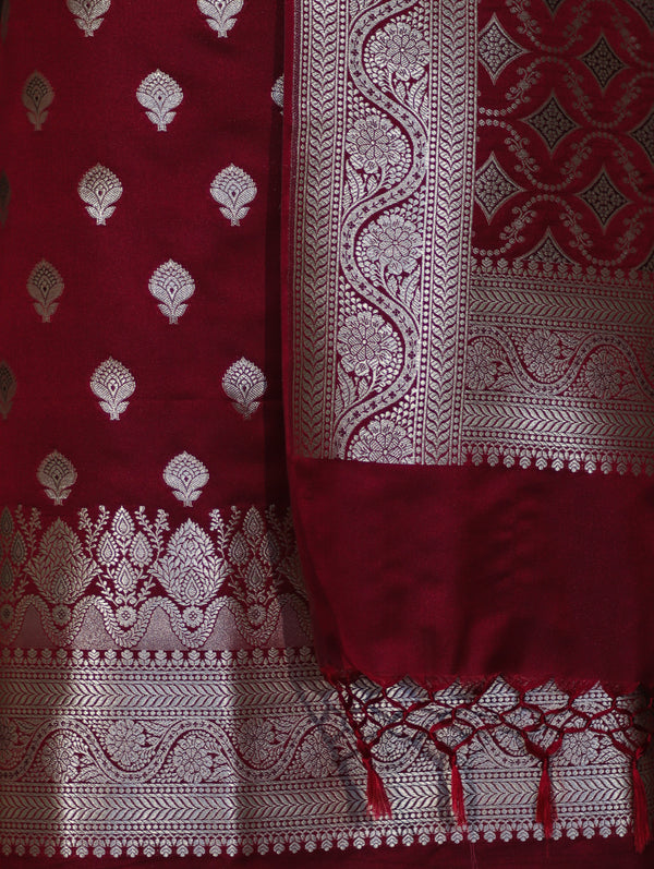 Banarasee Dual Tone Satin Silk Zari Work Salwar Kameez Fabric With Dupatta Set-Deep Maroon