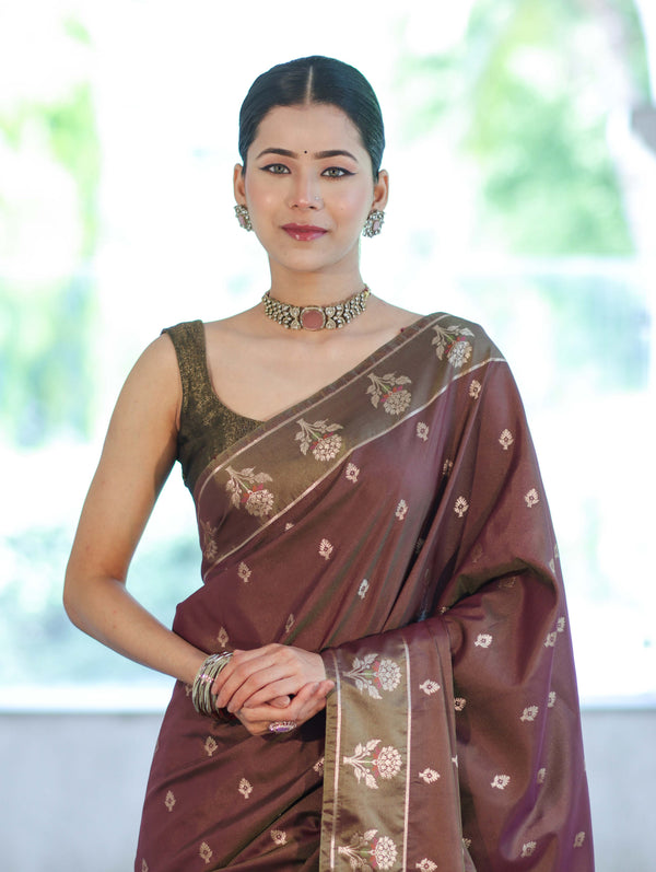 Banarasee Handloom Dual Tone Semi Silk Saree With Zari Buti Design & Border-Burgundy (Green Tone)