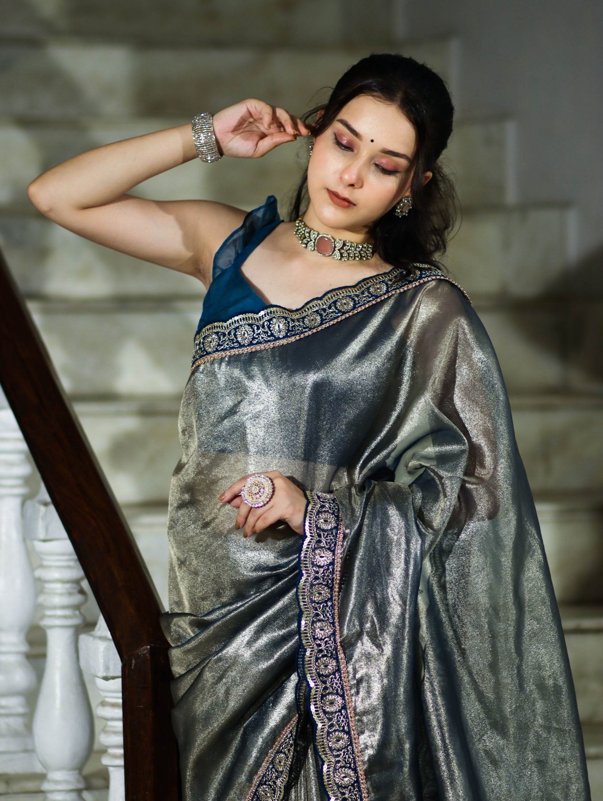 Banarasee Handloom Plain Tissue Saree With Lace Border-Blue