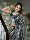 Banarasee Handloom Plain Tissue Saree With Lace Border-Blue