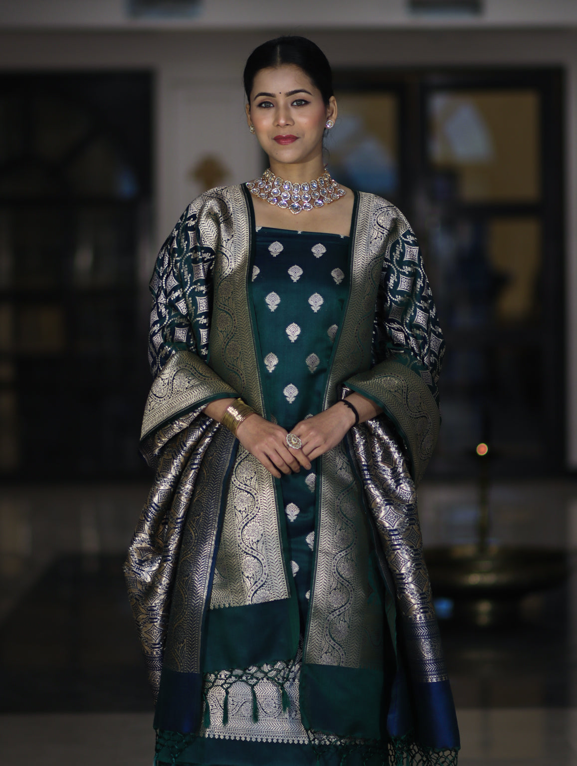 Banarasee Dual Tone Satin Silk Zari Work Salwar Kameez Fabric With Dupatta Set-Peacock Green