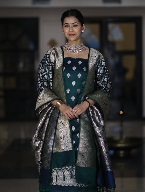 Banarasee Dual Tone Satin Silk Zari Work Salwar Kameez Fabric With Dupatta Set-Peacock Green