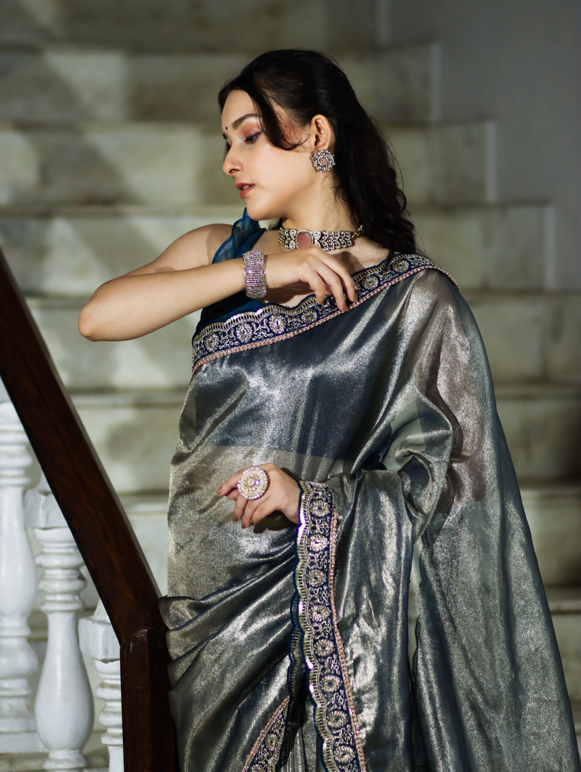 Banarasee Handloom Plain Tissue Saree With Lace Border-Blue