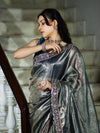 Banarasee Handloom Plain Tissue Saree With Lace Border-Blue
