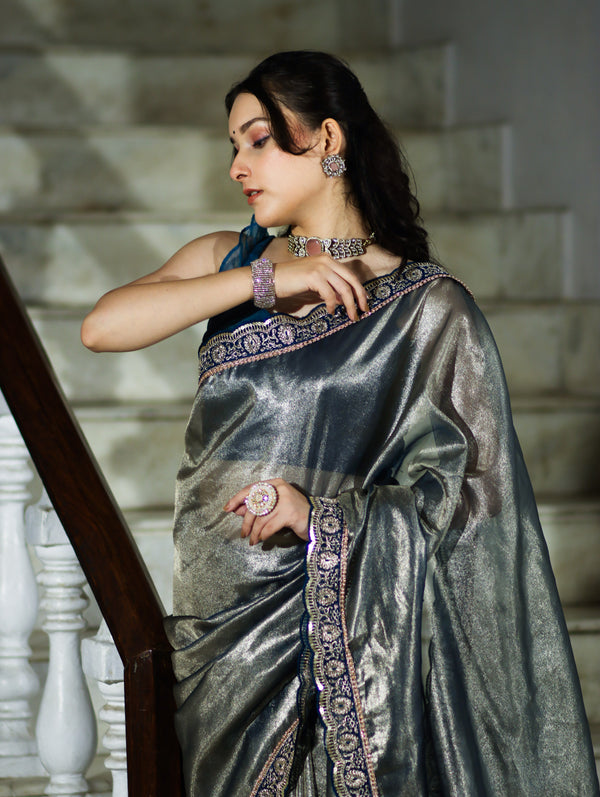 Banarasee Handloom Plain Tissue Saree With Lace Border-Blue