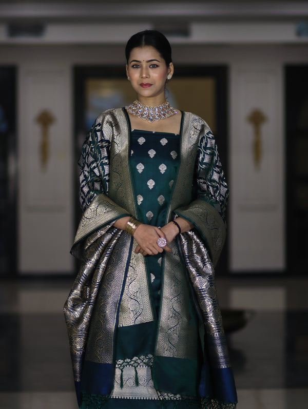 Banarasee Dual Tone Satin Silk Zari Work Salwar Kameez Fabric With Dupatta Set-Peacock Green