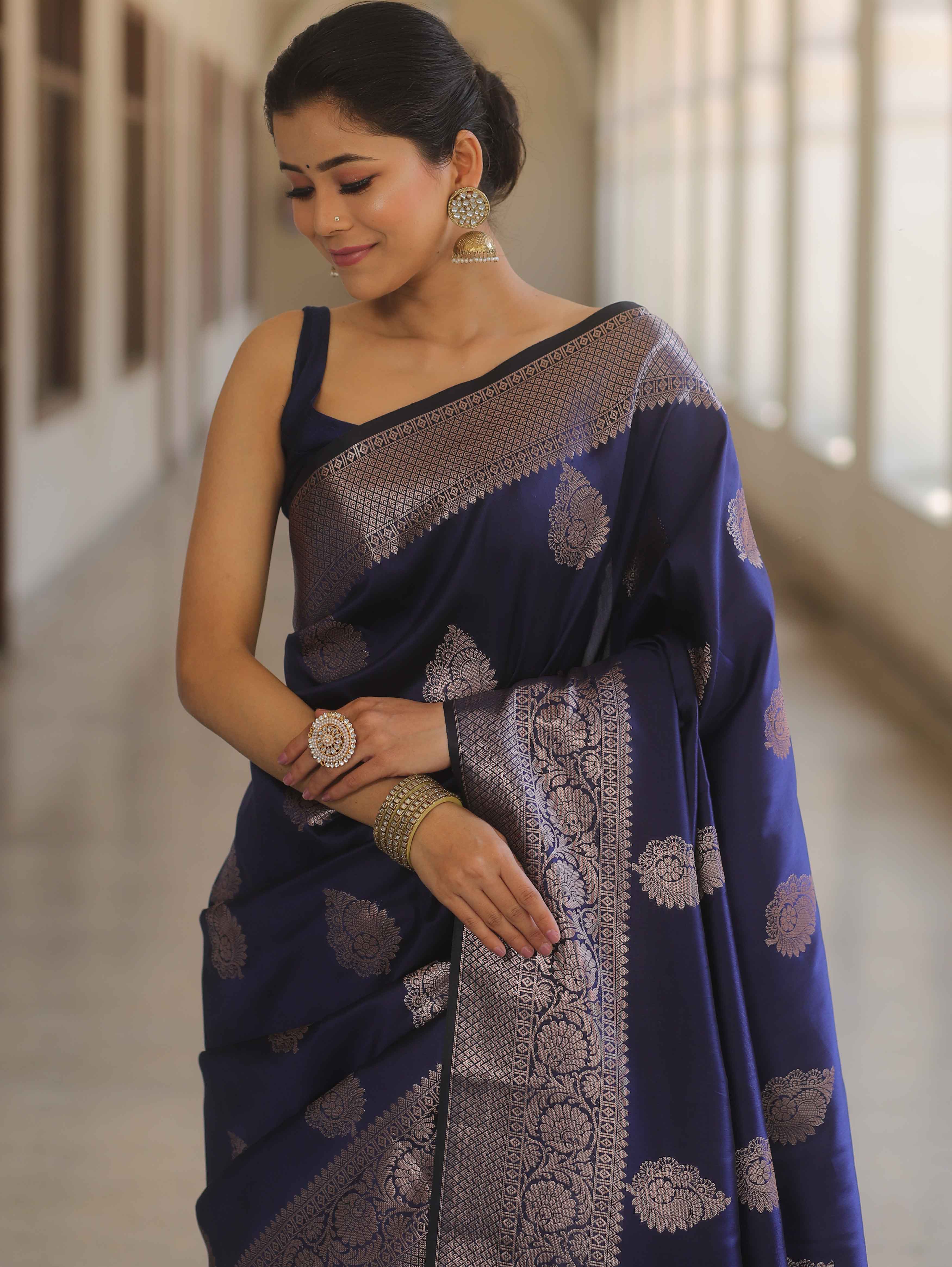 Banarasee Handwoven Semi Silk Saree With Zari Buti Design-Blue