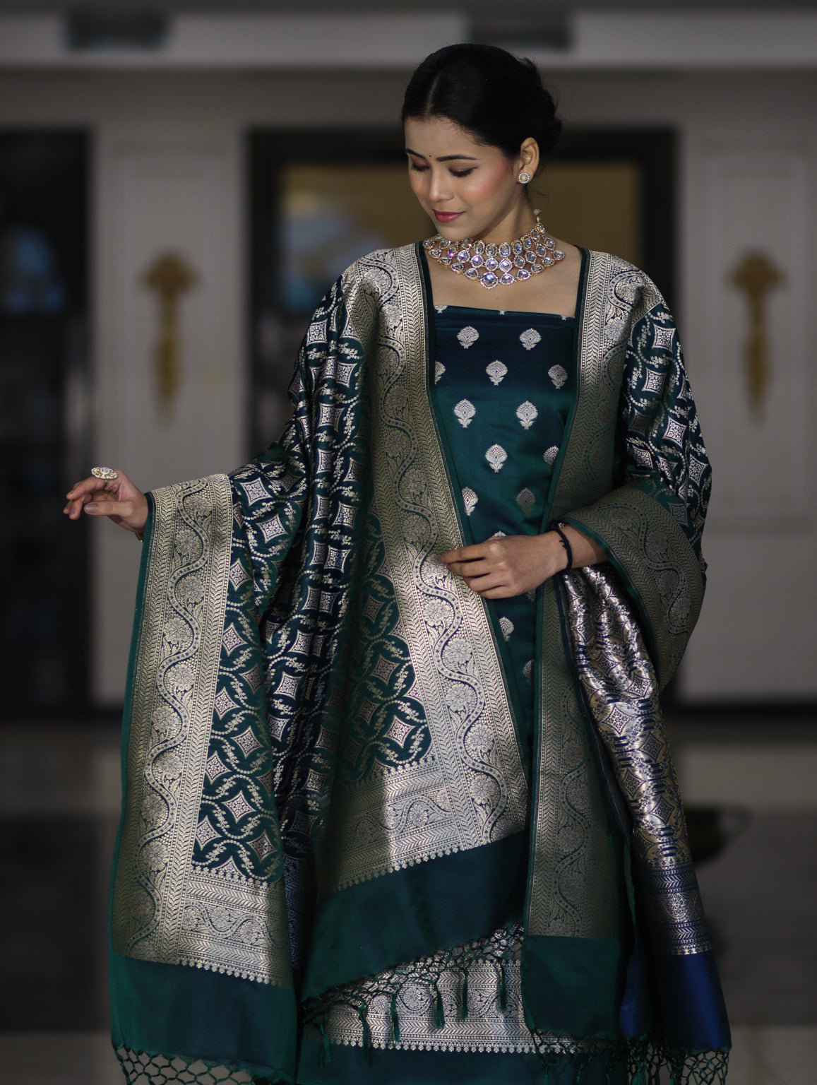 Banarasee Dual Tone Satin Silk Zari Work Salwar Kameez Fabric With Dupatta Set-Peacock Green
