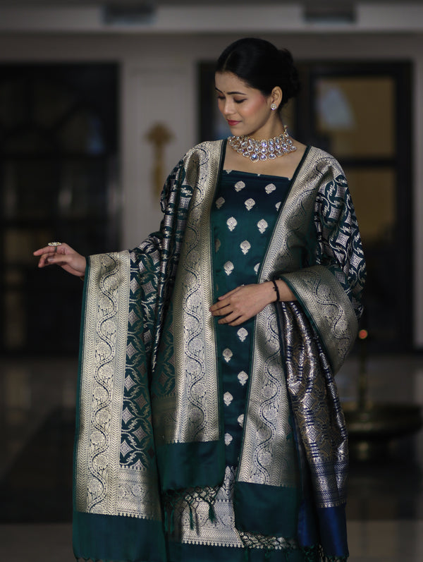 Banarasee Dual Tone Satin Silk Zari Work Salwar Kameez Fabric With Dupatta Set-Peacock Green