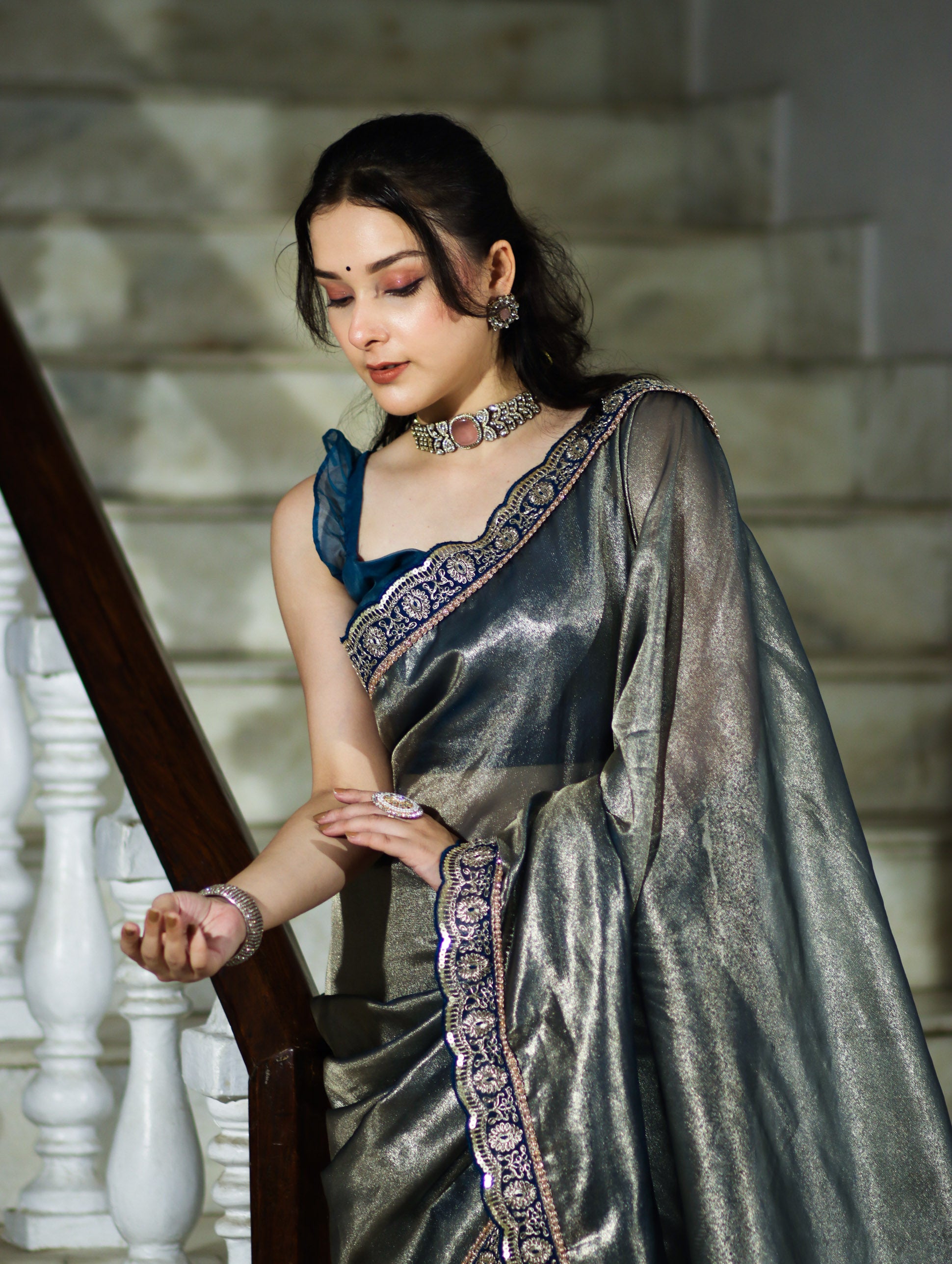 Banarasee Handloom Plain Tissue Saree With Lace Border-Blue