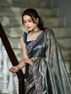 Banarasee Handloom Plain Tissue Saree With Lace Border-Blue