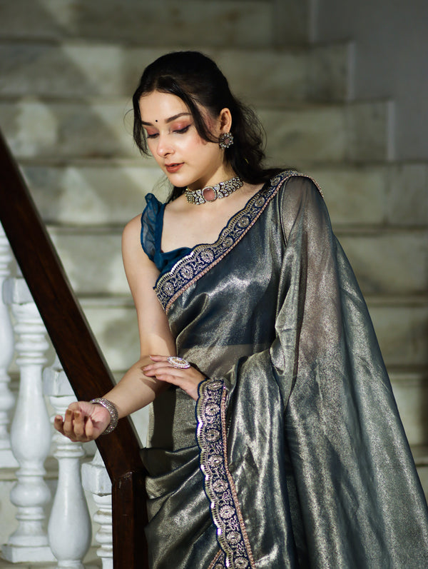 Banarasee Handloom Plain Tissue Saree With Lace Border-Blue