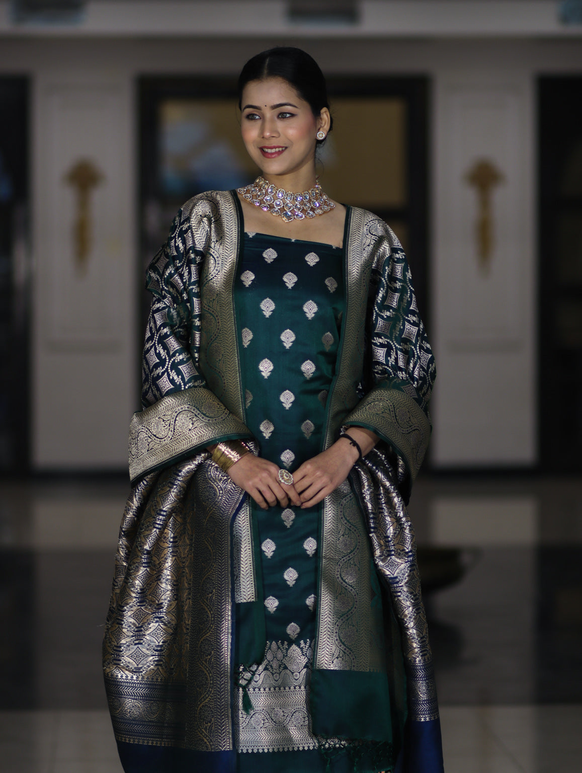 Banarasee Dual Tone Satin Silk Zari Work Salwar Kameez Fabric With Dupatta Set-Peacock Green