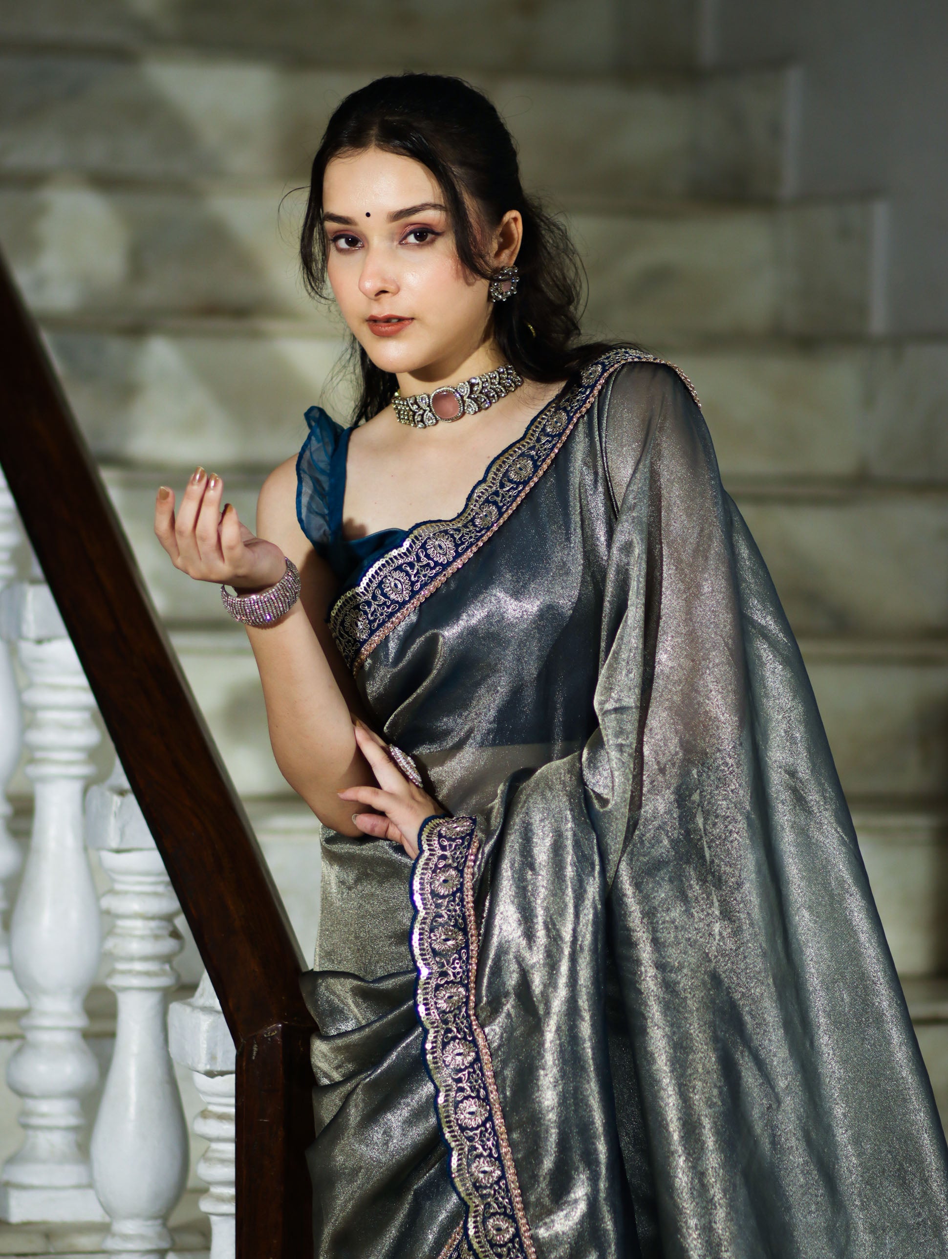 Banarasee Handloom Plain Tissue Saree With Lace Border-Blue