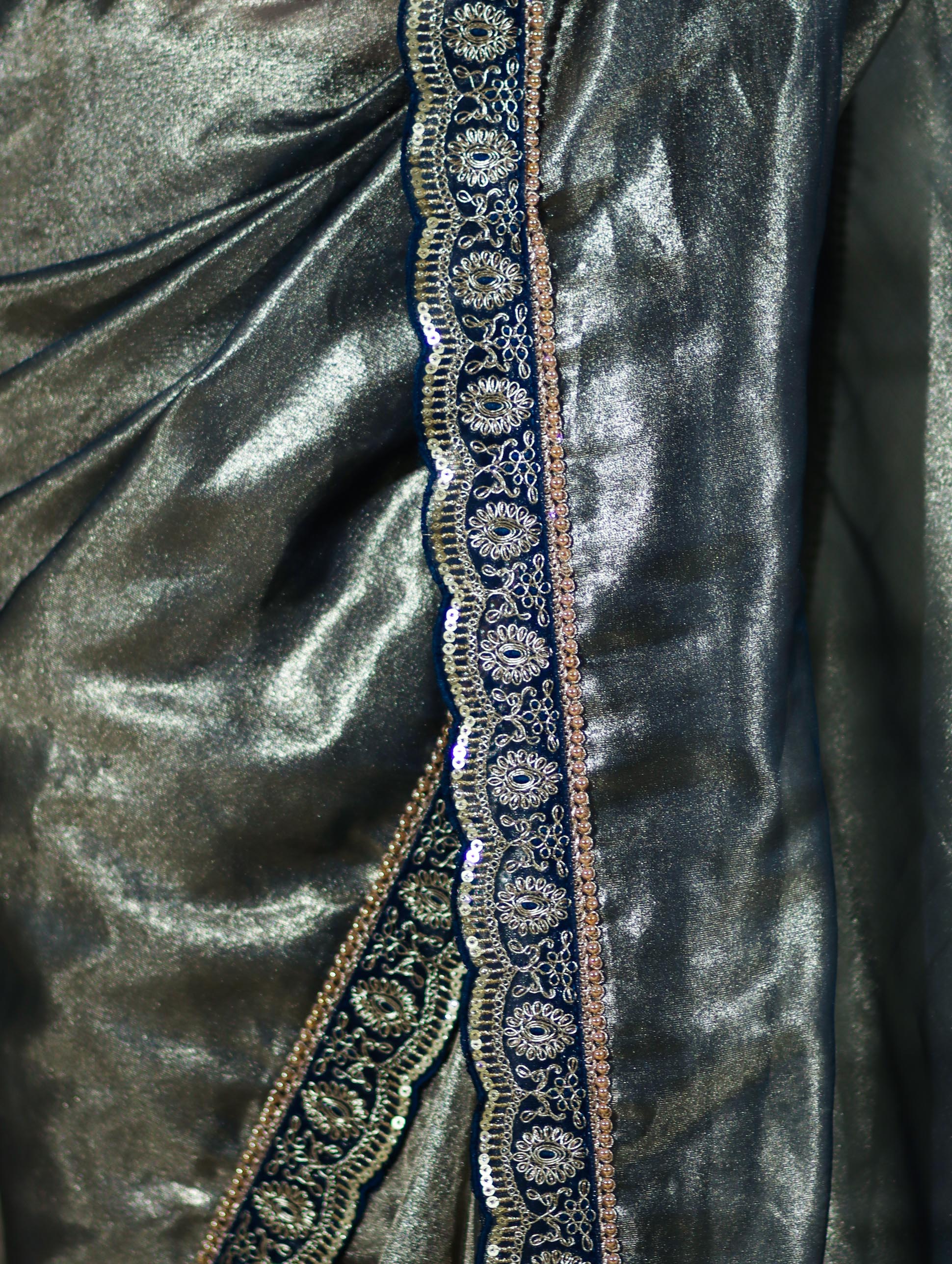 Banarasee Handloom Plain Tissue Saree With Lace Border-Blue