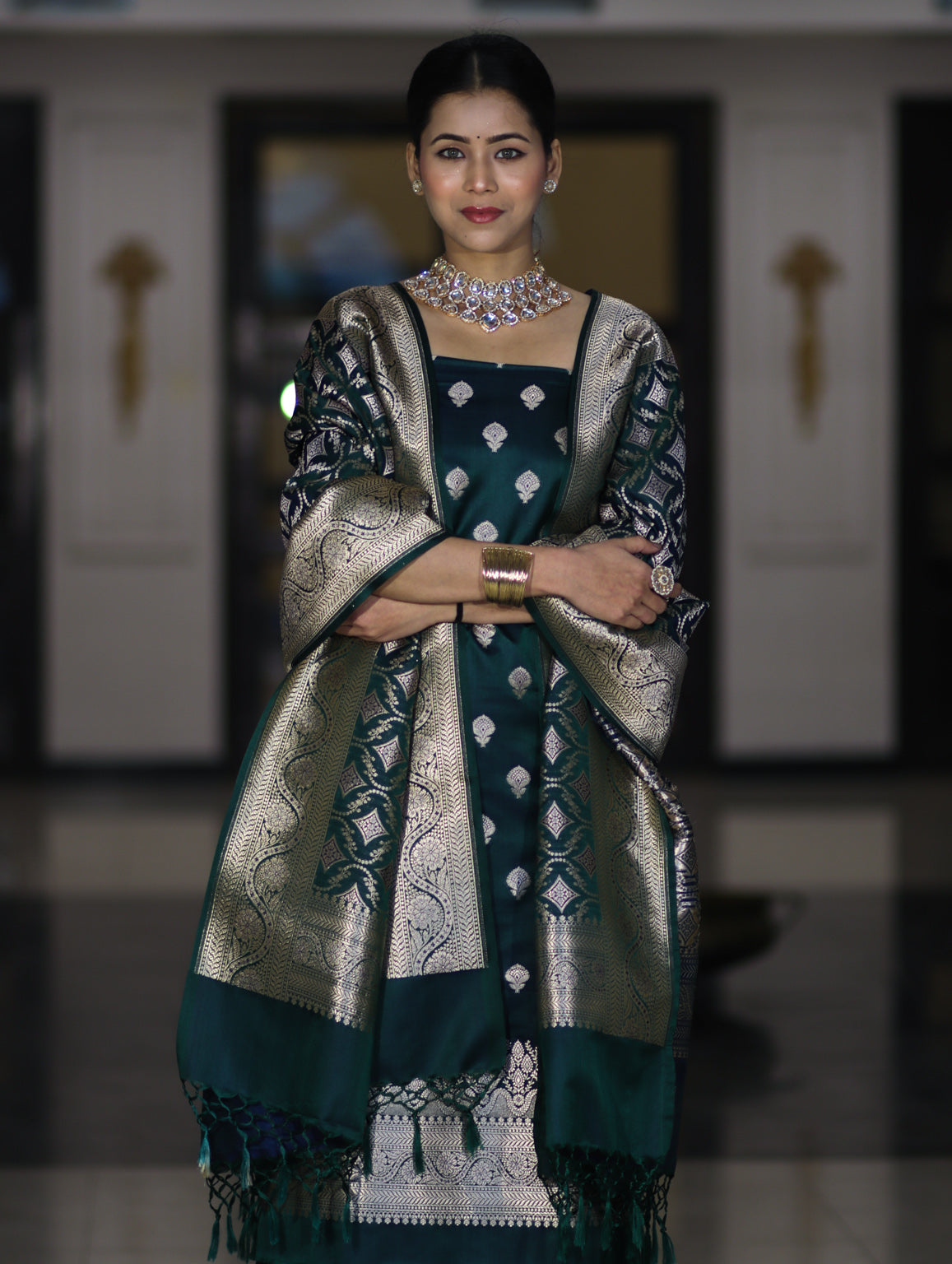 Banarasee Dual Tone Satin Silk Zari Work Salwar Kameez Fabric With Dupatta Set-Peacock Green