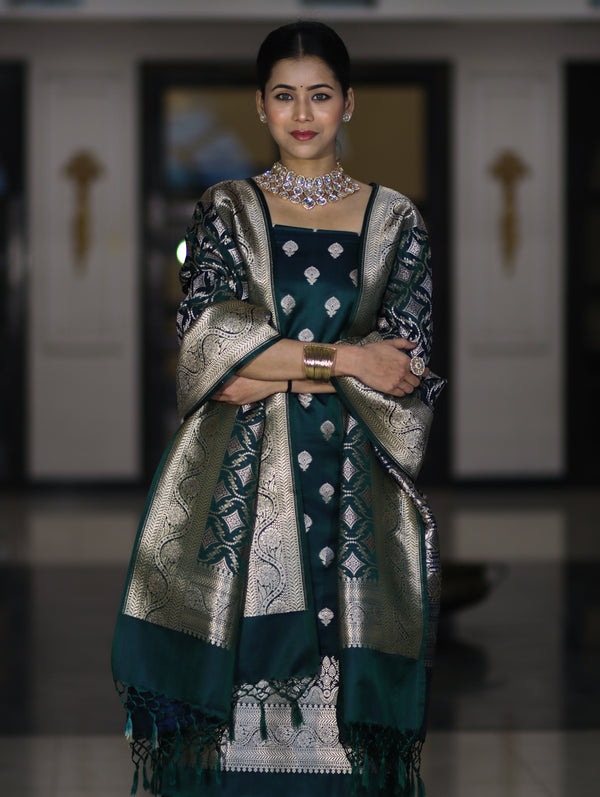 Banarasee Dual Tone Satin Silk Zari Work Salwar Kameez Fabric With Dupatta Set-Peacock Green